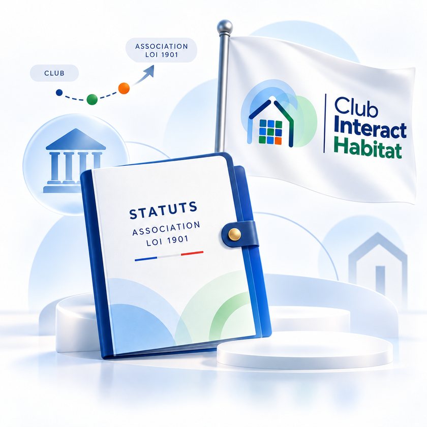 Les statuts de l'association, le drapeau du Club Interact Habitat, et la trajectoire du club vers l'association loi 1901
