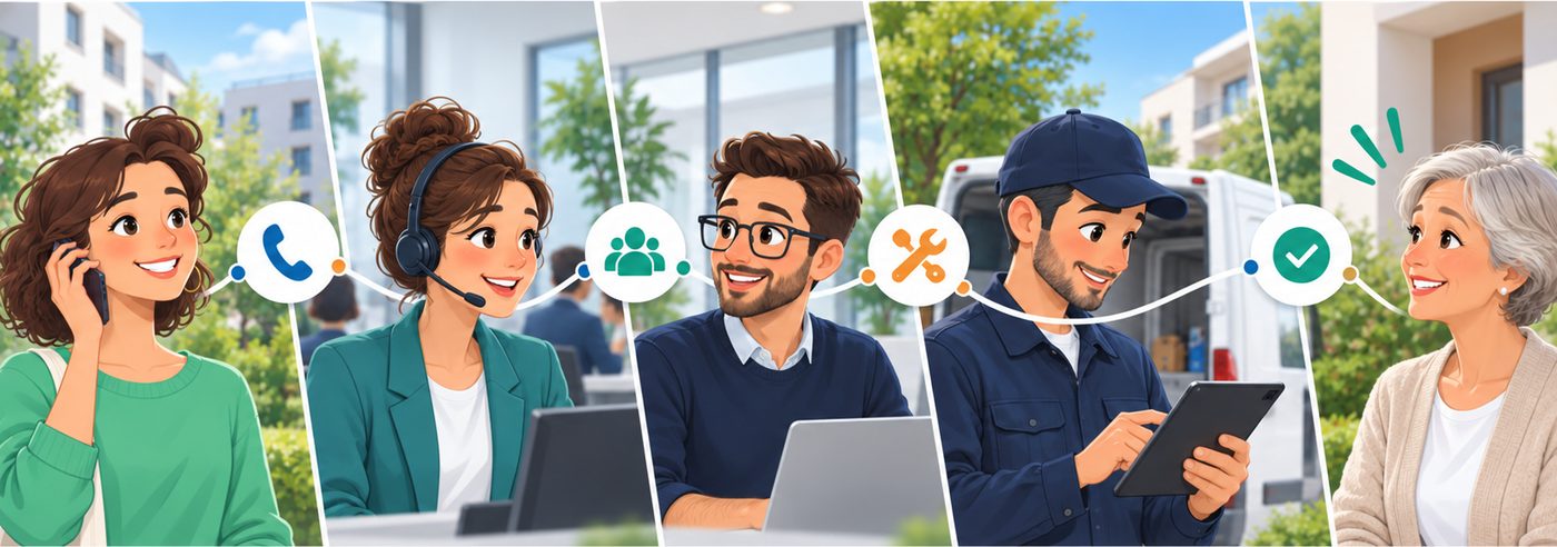 La chaîne de la relation locataire : la locataire appelle, la conseillère répond, le gestionnaire transmet, le technicien intervient, la locataire est satisfaite.