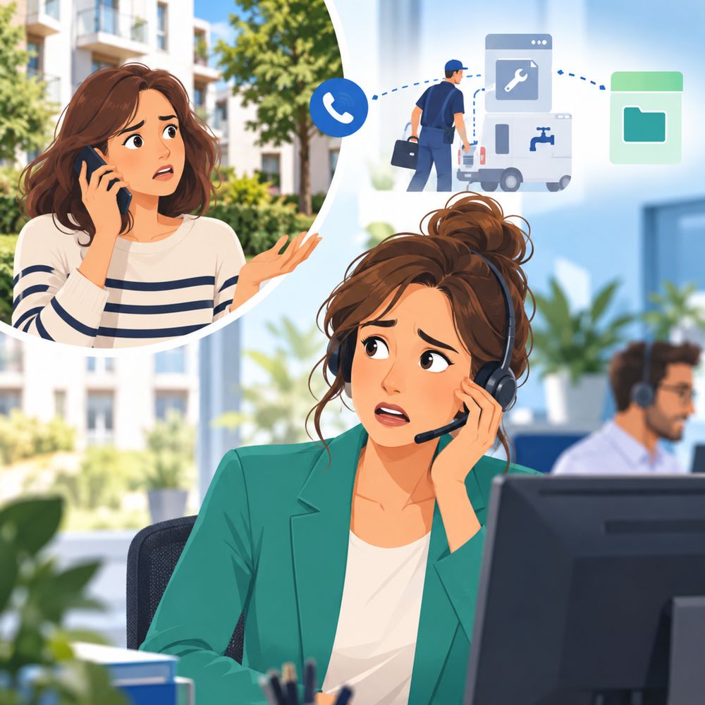 Une locataire au téléphone ; au centre de relation, une conseillère cherche l'information du prestataire.