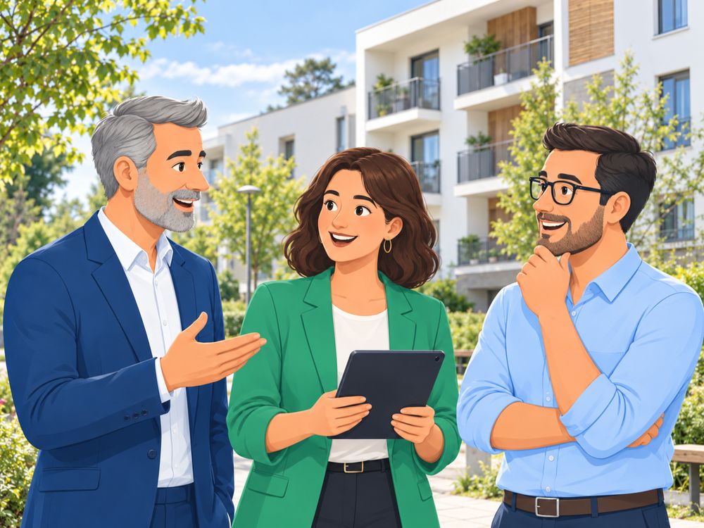 Trois professionnels du logement social en discussion devant une résidence.