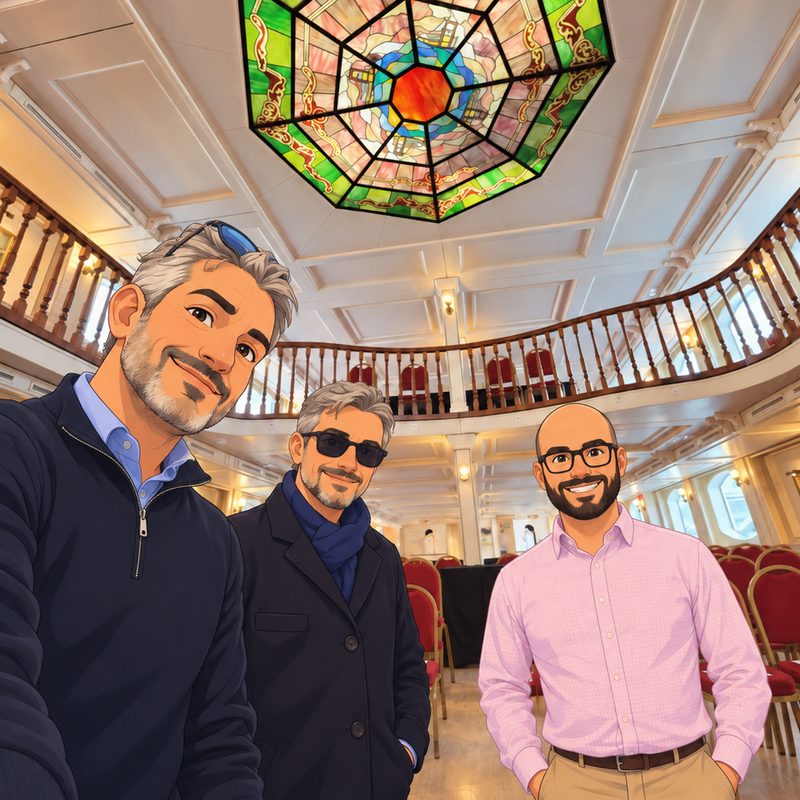 Trois participants sous la verrière du salon de la péniche